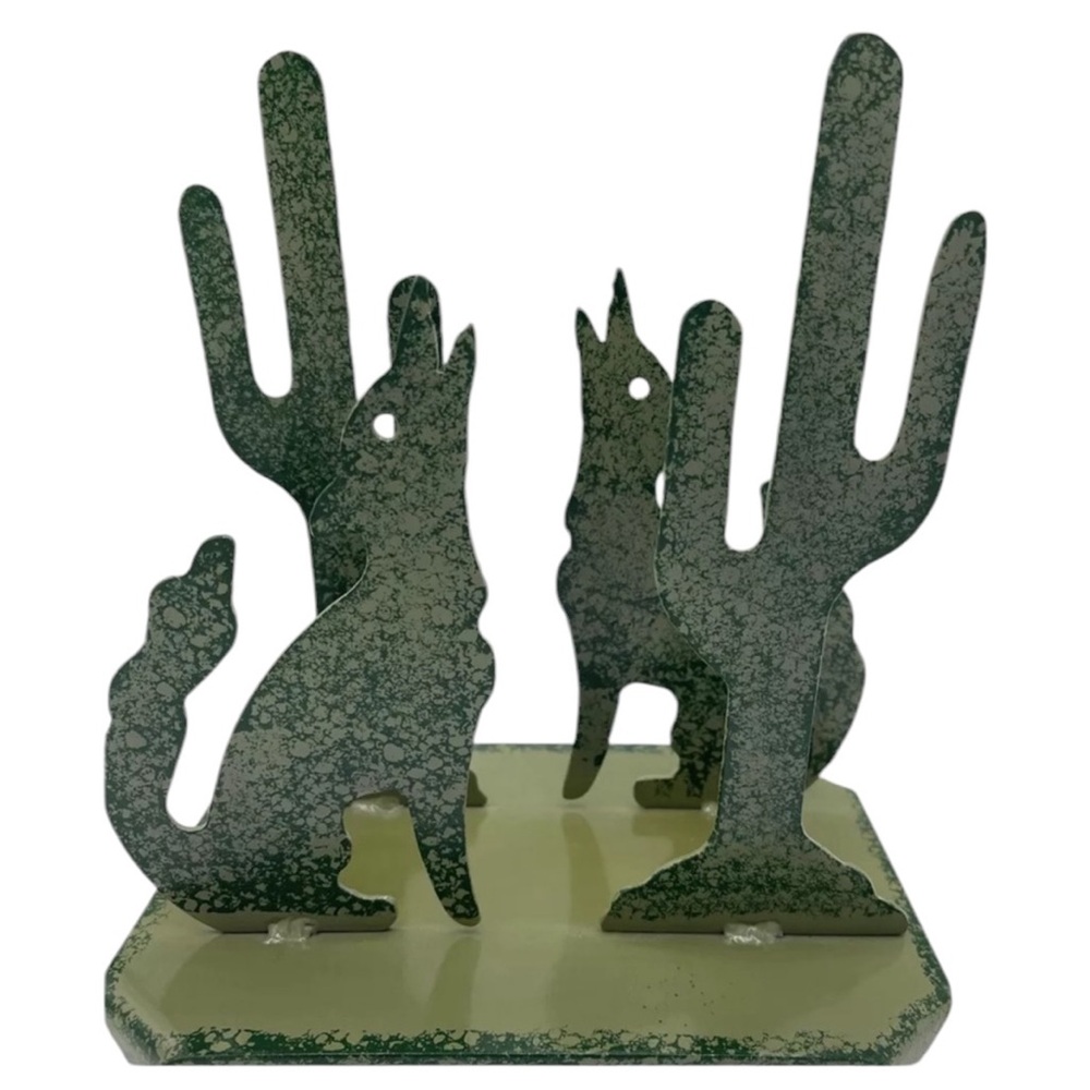Vintage Southwestern Coyote and Cactus Green Metal Napkin and/ or Mail Holder